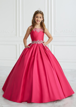 Hot Pink Beaded Satin Keyhole Back Flower Girl Dress